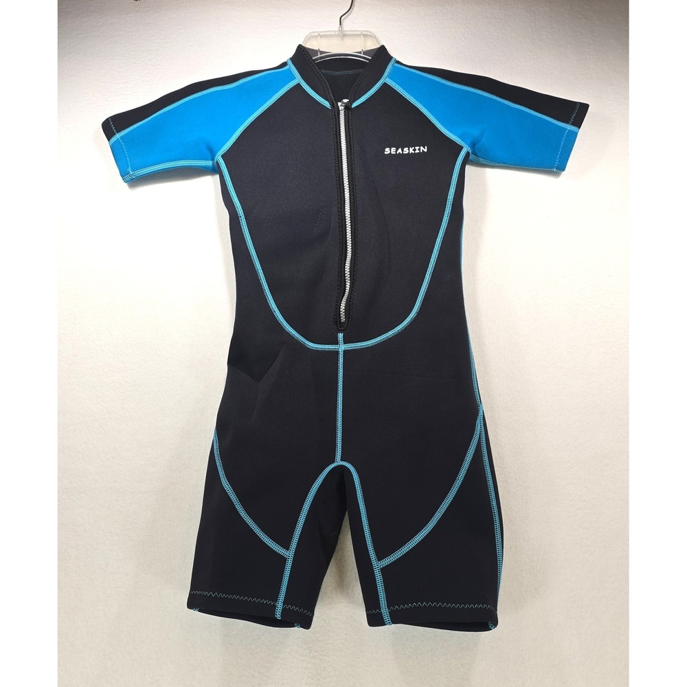 Seaskin Boys Size 8 Shorty Wetsuit Black Blue Neoprene Front Zip Swim Suit